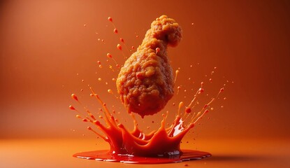 Crispy Fried Chicken Drumstick Splashing into Spicy Red Sauce