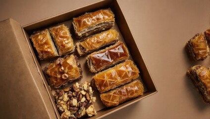 Assortment of Delicious Baklava Pastries in a Cardboard Box.