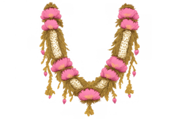 Indian style flower garland with pink sacred lotus and jasmine buds for hindu rituals, wedding decorations, or puja