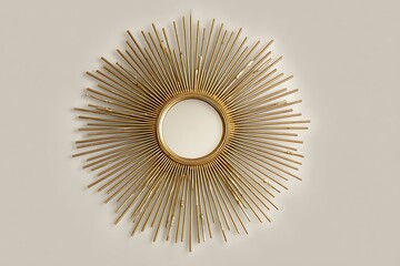 A sunburst mirror with metallic rays extending outward, light ivory background, modern and artistic