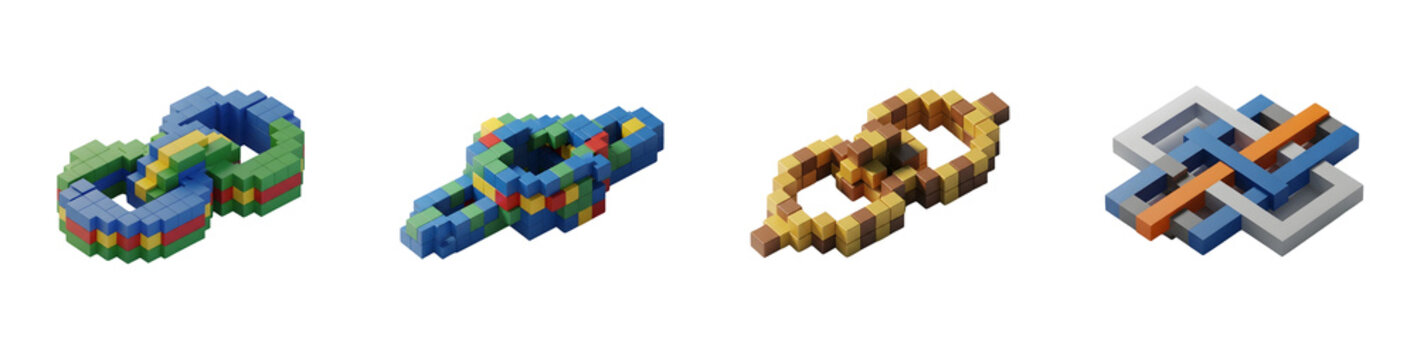 Four abstract 3D geometric shapes isolated on a white background Three are colorful and pixelated one is smooth and interwoven