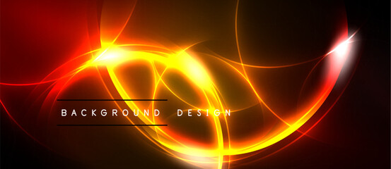 Bright abstract lines form dynamic curves. Red, orange hues dominate dark background. Text reads background design. Vivid energy radiates.