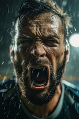 Intense Portrait of Emotional Soccer Player Screaming in Heavy Rain Representing Passion Victory and Sport Drama