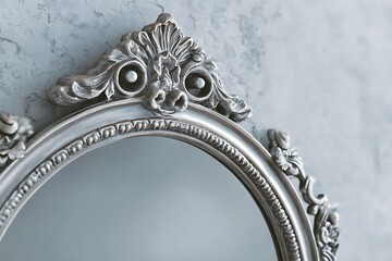 A vintage mirror with ornate baroque-style frame, soft pearl background, luxurious and detailed