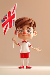 Cute 3D Character of a Little Boy Soccer Fan Holding British National Flag for Sports Championships and National Events