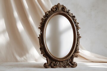 An antique-style mirror with distressed wooden frame, soft beige backdrop, rustic and unique