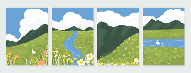 Naklejka premium Abstract Green Summer landscape background vector set. Nature wallpaper of green field on mountain, yellow flowers, blue sky , birds, river. Watercolor illustration for cover, wall art, decoration.