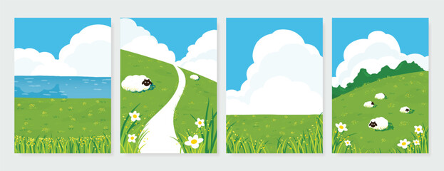 Naklejka premium Abstract Green Summer landscape background vector set. Nature wallpaper of green field on mountain, yellow flowers, blue sky , birds, river. Watercolor illustration for cover, wall art, decoration.