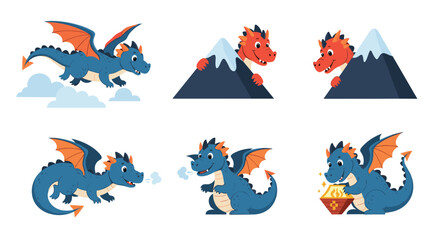 Collection of blue dragon character poses including flying, hiding behind mountains, breathing smoke, and holding a treasure chest.