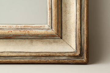 An antique-style mirror with distressed wooden frame, soft beige backdrop, rustic and unique