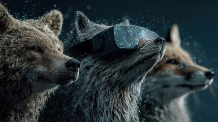 Animals wearing virtual reality headsets exploring digital environments, immersive VR tech in wildlife study, futuristic interaction, smart animal experience, tech-enhanced nature visualization