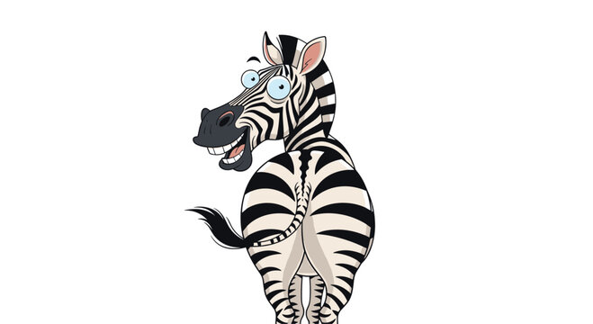 Funny zebra character looking back over its shoulder with a wide toothy grin and surprised bulging eyes on a white background.