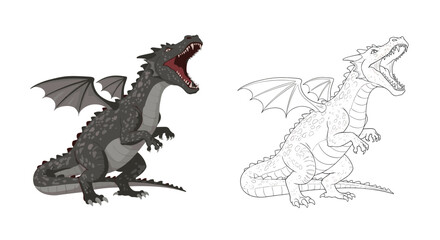 Fototapeta premium Powerful black dragon crouches on the ground with its mouth open in a roar, shown as a detailed color illustration and a line art drawing.