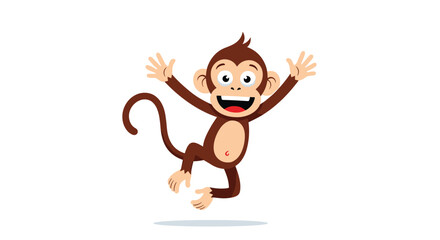 Obraz premium Happy brown monkey jumps with joy with its arms raised and a big smile on its face against a simple white background with a shadow.