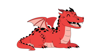 Friendly red dragon with black spots sits comfortably on its belly and smiles warmly with its mouth open and wings folded back.