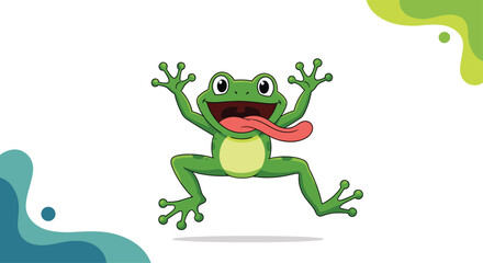 Obraz premium Happy green frog with a large open mouth and long pink tongue jumps with its limbs spread wide against a background of green and blue swirls.
