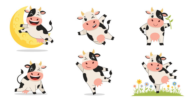 Variety of cute black and white cow illustrations depicts the farm animal jumping over a moon, dancing in grass, and waving.