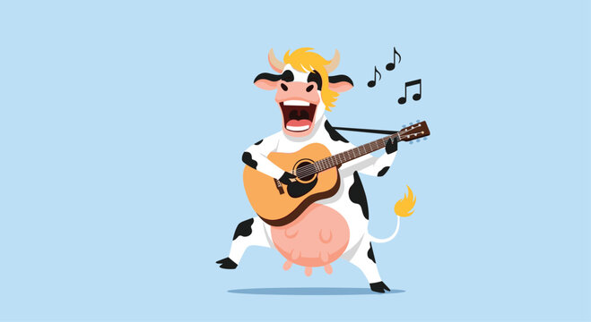 Funny cow with blonde hair plays an acoustic guitar and sings with its mouth wide open against a light blue background with musical notes.