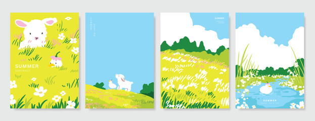 Naklejka premium Abstract Green Summer landscape background vector set. Nature wallpaper of green field on mountain, yellow flowers, blue sky , birds, river. Watercolor illustration for cover, wall art, decoration.