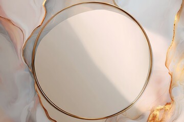 An asymmetrical mirror with wavy golden border, light pastel backdrop, artistic and HD