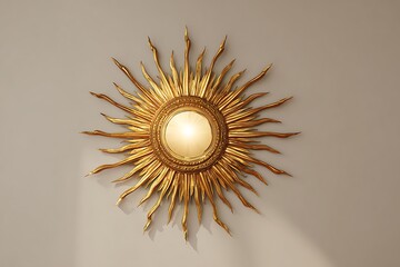 An artistic mirror shaped like a sun with pointed rays, light background, glowing and unique
