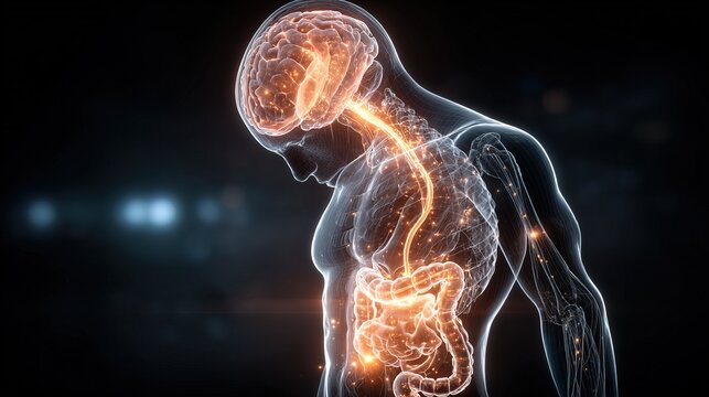 Human body with highlighted brain and digestive system glowing in dark background symbolizing gut-brain connection