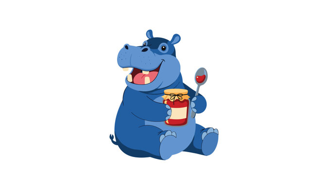 Happy blue hippo sitting on the ground and holding a large jar of strawberry jam and a silver spoon ready to eat.