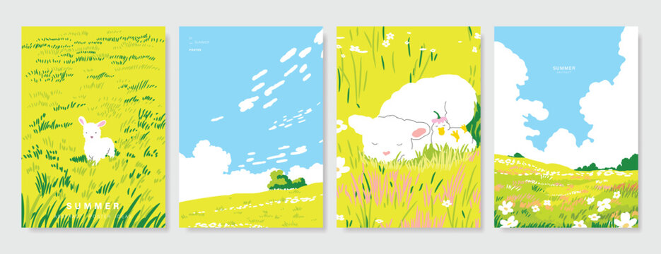 Abstract Green Summer landscape background vector set. Nature wallpaper of green field on mountain, yellow flowers, blue sky , birds, river. Watercolor illustration for cover, wall art, decoration.