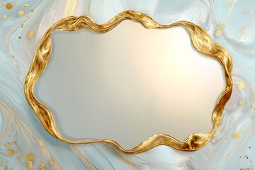 An asymmetrical mirror with wavy golden border, light pastel backdrop, artistic and HD