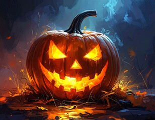 Spooky glowing carved pumpkin sits amid fiery surroundings