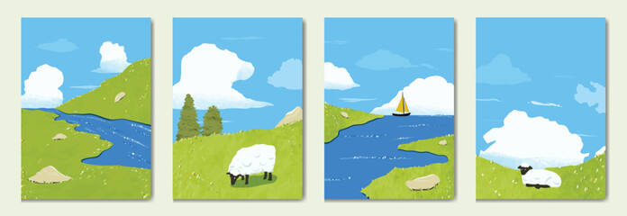 Abstract Green Summer landscape background vector set. Nature wallpaper of green field on mountain, yellow flowers, blue sky , birds, river. Watercolor illustration for cover, wall art, decoration.