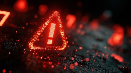 Digital Red Warning Sign on Dark Background with Glowing Particles