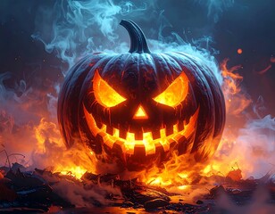 Spooky, glowing pumpkin in flames with eerie smoky background