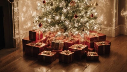 Beautifully Decorated Christmas Tree with Presents Underneath.