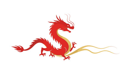 Obraz premium A vibrant red and golden dragon mascot for Chinese New Year celebrations, depicted in a dynamic vector illustration with flowing lines against a clean white background.
