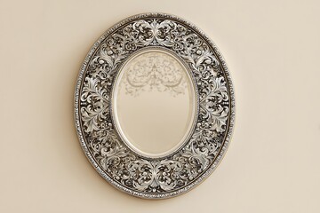 An oval mirror with intricate silver filigree design, set against a pale cream background, elegant and unique