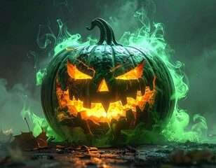 Spooky, glowing pumpkin with sinister grin engulfed in green smoke