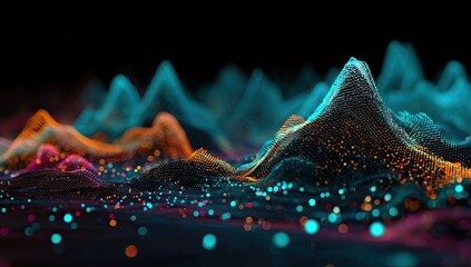 Abstract 3D rendering of fluctuating data visualization, with glowing orange and blue structures