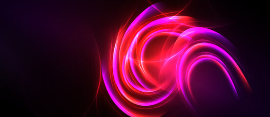 Abstract swirls, vibrant pinks, reds against dark background. Dynamic energy radiates from central focal point. Smooth gradients create depth.