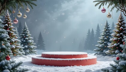 Christmas Background with Cylindrical Podium Round Stage for Product Promotion Snowy Xmas Trees and Hanging Ornaments Vector