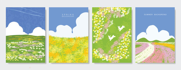 Abstract Green Summer landscape background vector set. Nature wallpaper of green field on mountain, yellow flowers, blue sky , birds, river. Watercolor illustration for cover, wall art, decoration.