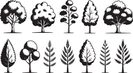 Generate a minimalist illustration featuring a collection of ten stylized trees, arranged in two rows of five, presented as clean