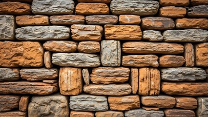 Orange and gray stone wall with rectangular bricks and rough texture