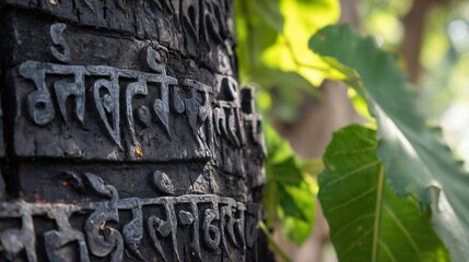 sanskrit. Ancient Bodhi tree bark with faint carved Sanskrit scripture under dappled sunlight. event programs, museum guides, designed for cultural heritage projects and event programs.