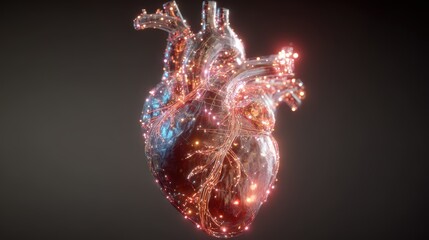 Futuristic digital human heart with glowing lights and data network on dark background