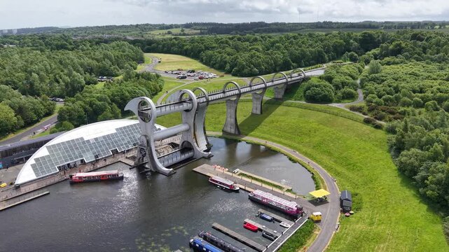 Drone shot of Falkirk Wheel canal landmark, Scotland, United Kingdom