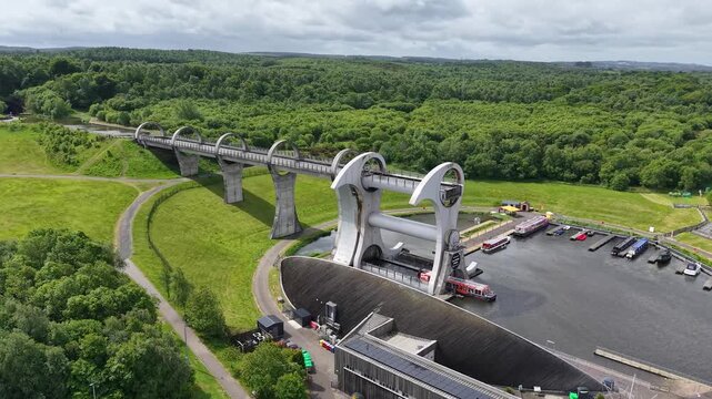 Aerial view of Falkirk Wheel, the world's only rotating boat lift, Scotland, UK