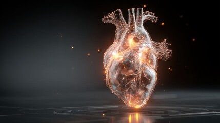 3D rendering of a glowing digital human heart with plexus connections on a dark background