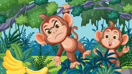 Naklejka premium Playful monkeys interact in dense jungle foliage, vibrant colors, cartoon vector illustration, daylight