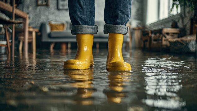 Yellow rain boots stand in a flooded indoor living space, water reflecting